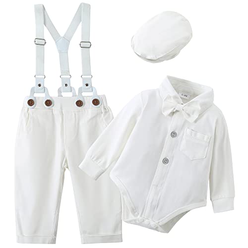 Image of ZOEREA Baby Boy Suit 0-24M Gentleman Outfit Clothes Set Infant Long Sleeve Dress Shirt+Suspender Pants+Bowtie+Beret Hat