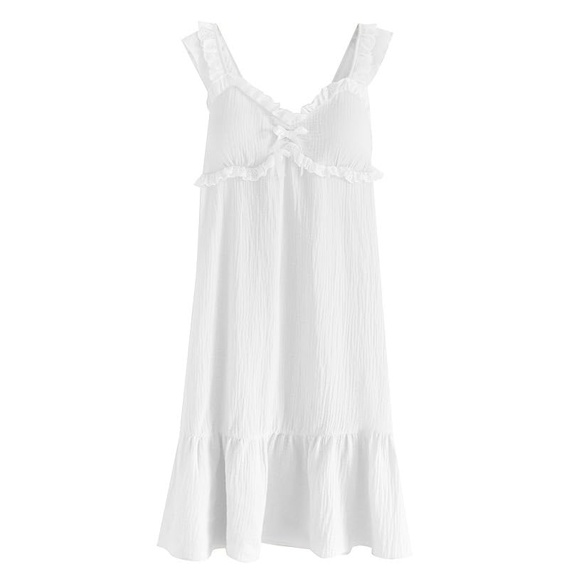 Womens Built in Bra Cotton Nightgown Sweet Gauze Dress Ruffle Strap Summer Lounge Dress