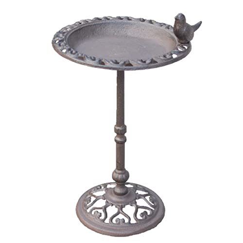 Bañera para pájaros para exteriores de 38 cm de alto con base y patrón de decoración, estatua de patio, de hierro fundido retro, comedero vertical para pájaros, maceta de comida para pájaros de poste