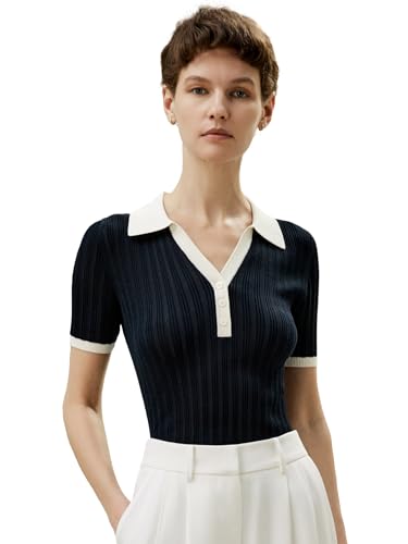 LilySilk 100% Spun Silk Pullover for Women Machine Washable V-Neck Ribbed Silk Knit Polo Top Tee Stretchable Slim
