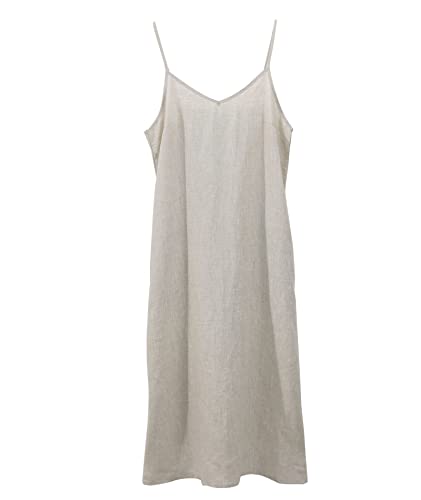 Image of Amazhiyu Women's Pure Linen Summer Midi Split Slip Dress | V Neck, Spaghetti Strap, with Pockets