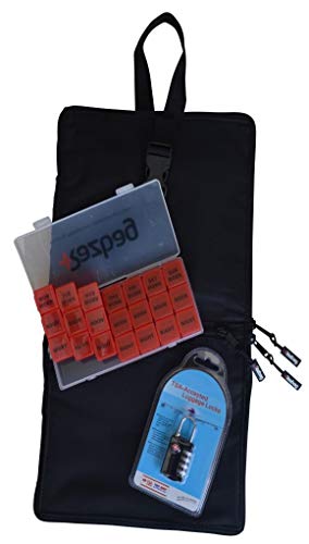 Razbag Lockable Medicine Bag Including TSA Combination Lock Holds 20 Various Sizes of prescriptions or Vitamins, 3 Storage Pockets. Great for Travel. with Free 7-Day Pillbox Medication Organizer