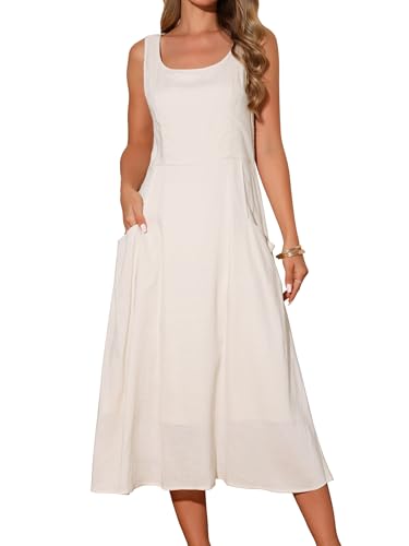 Seta T Women's Linen Dresses Summer Sleeveless Sundress Casual Loose Flowy Midi Tank Beach Dress Large Beige