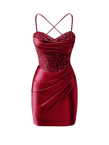 Womens's Short Satin Homecoming Dresses for Teens 2025 Spaghetti Straps Sequin Corset Prom Cocktail Party Gown