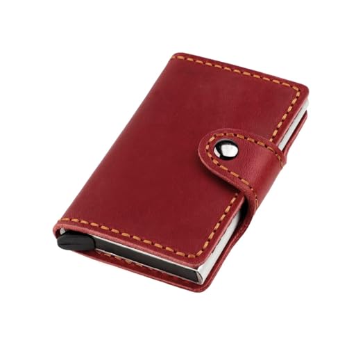 Genuine Leather Front Pocket Wallet Card Holder for Men with Snap Closure, Metal Pop Up Card Holder Case, Crazy Horse Leather Minimalist RFID Blocking (Dark Red)
