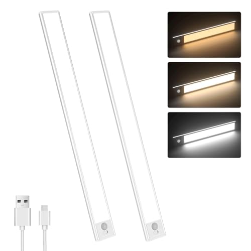 Sanofuturion Motion Sensor Under Cabinet Lighting-Magnetic Rechargeable Closet Lights for Kitchen Stairs Wardrobe | 3-Color Dimmable LED Under Counter Lighting | Pro Battery Upgrade (20cm-2Pack)