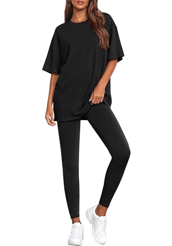 BTFBM Two Piece Lounge Set Women 2026 Fall Casual Oversized Shirts Leggings Matching Workout Airport Travel Outfits(Black Small)
