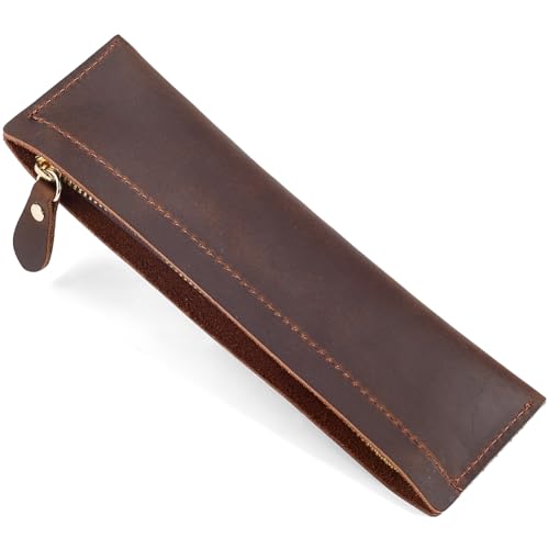 GORGECRAFT Crazy Horse Cowhide Leather Pencil Case Rectangular Vintage Pen Bag with Zipper Closure Real Leather Pencil Pouch Genuine Leather Fountain Pen Holder for Stationery Storage Coconut Brown