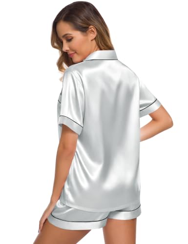 Image of SWOMOG Womens Silk Satin Pajamas Set Short Sleeve Sleepwear Button Down Top and Shorts Loungewear 2 Piece Pjs Set XS-3XL