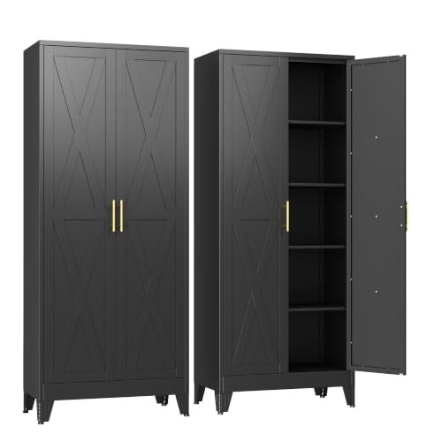 Image of GAIOUS 71 inch Tall Kitchen Pantry Cabinet,Metal Storage Cabinet Black Cupboard | Steel Office Cabinet, Freestanding Bookcase with 2 Doors and 4 Adjustable Shelves, Bathroom Kitchen Home Garage Tool Cabinet