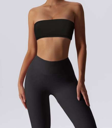 Image of Boudaner Women's Padded Bandeau Sports Tube Top Bra Strapless Wireless Solid Seamless Yoga Workout Bralette Black