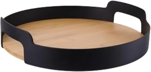 SLLS 木製トレイ 丸型お盆 和風モダンデザイン カフェ・ティー用トレー 天然木 北欧風シンプル 軽量で丈夫 フルーツ盛り付け 業務用 家庭用 おしゃれなランチトレイ 滑り止め加工 茶道具セット対応 おもてなし用 便利 卓上収納 飲食店用
