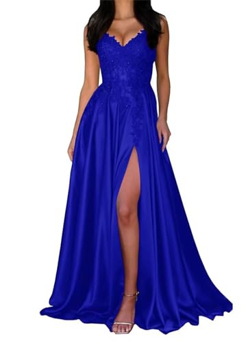 ORRCIGH Vestido de dama de honor con tirantes delgados, apliques de encaje, vestidos de graduación, vestido largo formal de fiesta de noche con abertura WPX020, azul real, 42
