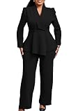Tbahhir Women's 2 Piece Outfits Suit Set Long Sleeve Ruffle Blazer Tops Casual Business Wide Leg Pants Dressy Black