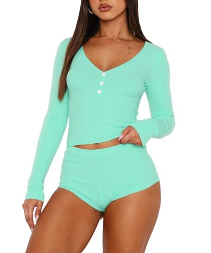 Image of REVETRO Fall Womens 2 Piece Pajama Sets Y2k Sexy Crop Top Shorts Lounge Set