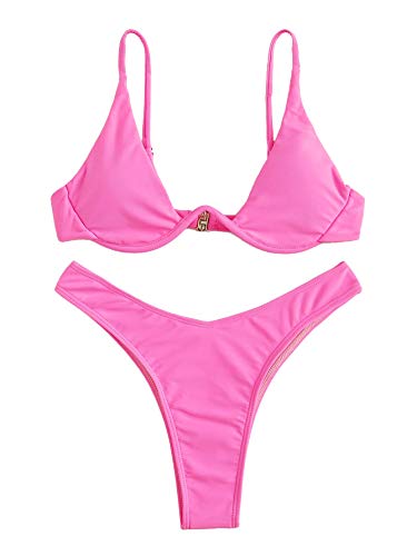 Verdusa Women's Sexy Triangle Bathing Two Pieces Swimsuit Bikini Set Hot Pink L