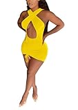 LROSEY Women's Sexy Club Bodycon Cut Out Criss Cross Halter Mini Party Dresses with Ruched Hem Yellow
