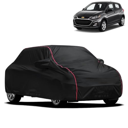 Image of Waterproof Car Cover for Chevrolet Spark | All-Weather Protection, Dustproof & UV Resistant | Triple Stitched Mirror Pockets, Windproof Buckle Strap with Elastic Hem, Black-Red Piping