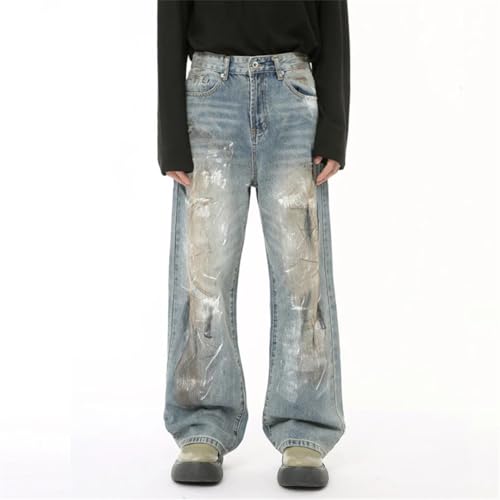 Men's Jeans Worn-Out Dirty Loose Trousers Straight Wide Leg Jeans3