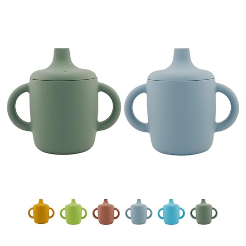 Raaz365 Silikon Schnabeltasse Baby mit Deckel, Schnabelbecher baby mit griff, Sippy Cup für Baby, Trinklernbecher ab 6 monate aus Silikon (Mat Green & Blue)