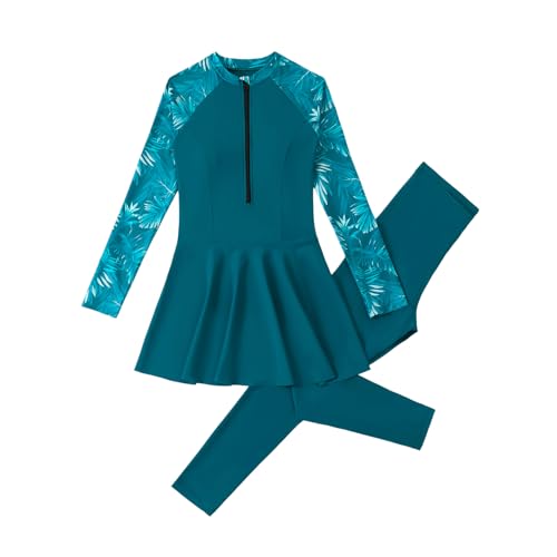 OBEEII Womens Muslim Swimsuits Full Coverage Long Sleeve Rash Guard Swimwear Modest Burkini Bathing Suit UPF 50+ Sun Protection Leaf Print Zip Up Swimdress with Pants Two-piece Swimming Suit Green M