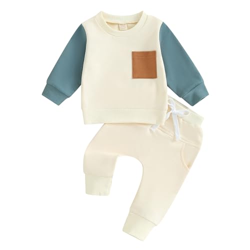 Image of kacubwyy Toddler Baby Boy Outfits Long Sleeve Pocket Pull On Sweatshirt Solid Pants Infant Fall Winter Clothes Set