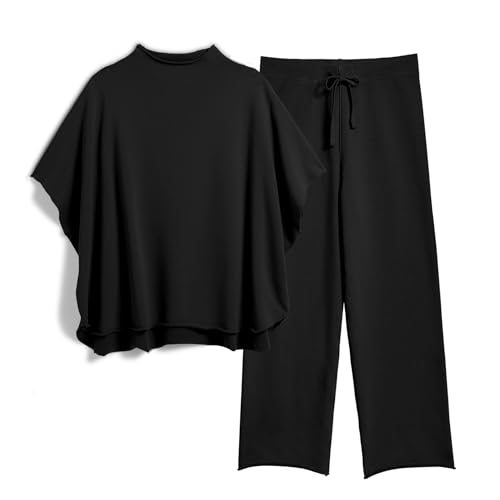 Image of SeeLuNa Women's Two Piece Outfits 3 /4 Batwing Sleeve Capelet Crew Neck Pullover Top Wide Leg Pants Lounge Set