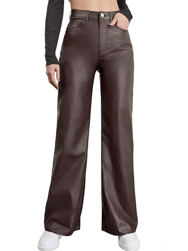Lover Premium Women's Faux Leather Pants Coated High Waist PU Straight Leg Trousers Black Leggings with Pockets (US, Alpha (Alpha), L, Regular, Chocolate)