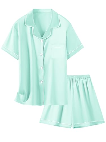Image of Schbbbta Girls Womens Pajamas, Satin Silky Pjs Set Kids 2Pcs Button-Down Nightwear Sleepwear Gift for Mommy and me