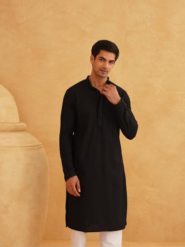 Image of Sojanya (Since 1958 Men'S Geometric Embroidered Thread Work Cotton Straight Long Kurta
