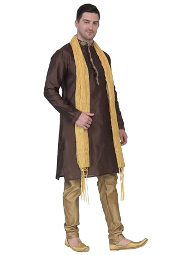 Image of ITOS365 Men's Tunic Art Silk Kurta Pajama and Scarf Suit Set Indian Clothing Wedding Party Dress Gifts Items