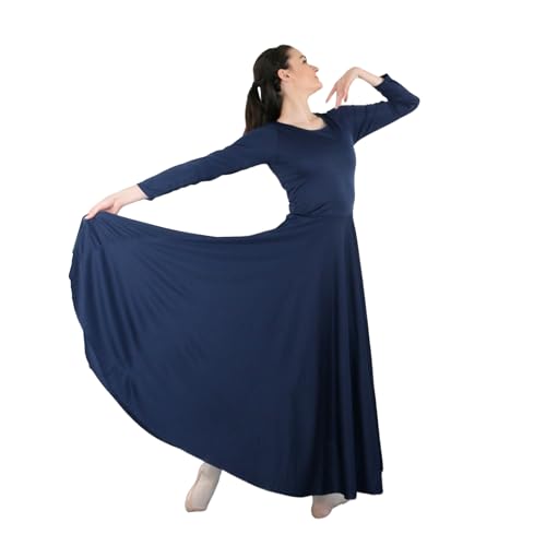 Danzcue Womens Praise Loose Fit Full Length Long Sleeve Dance Dress, Navy, 2X-Large