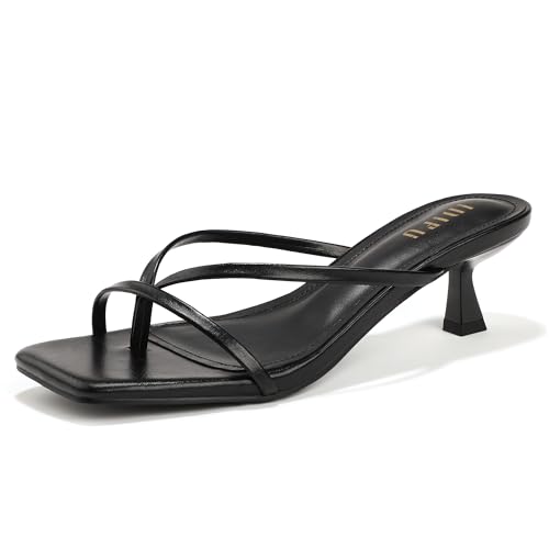 IDIFU Black Kitten Heels for Women Flip Flop Strappy Square Open Toe Low Heeled Sandals Wedding Bride Prom Graduation Party Slide Dress Shoes Comfortable Cute Thong Slip On Heels(Black Pu, 8)