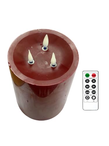 Image of 3-Wick Flameless Pillar Candle with Remote Timer, 3D Moving Flame Real Wax Led Candles(Burgundy)
