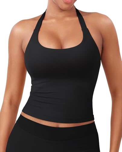 YEOREO SoftHue Women's Impact Halter Tank Top Longline Backless Scoop Neck Built-in Bra Sports Workout Gym Crop Top
