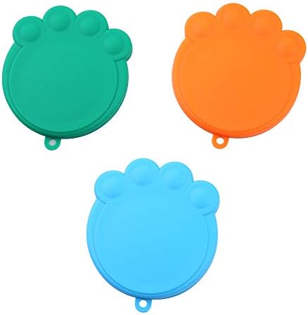 SLSON 3 Pack Pet Food Can Lids Universal Cat Dog Food Can Covers Cute Paw Design Can Lids 1 Fit 3 Standard Size, Blue, Green and Orange