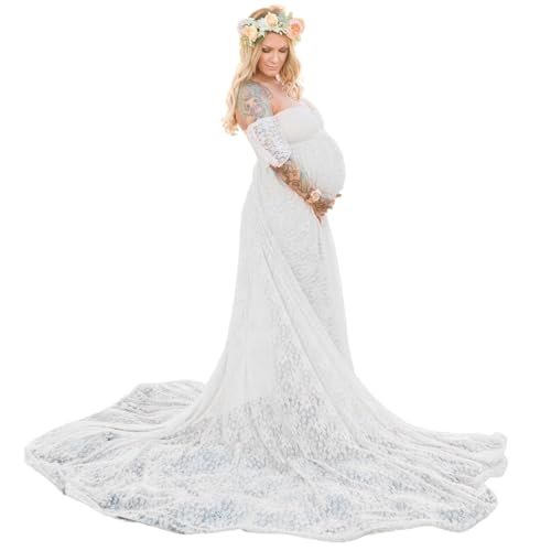 Mednkoku Pregnancy Photoshoot Dress,Maternity Dress for Photoshoot, Long Lace Maternity Dress, Off-Shoulder Pregnancy Photoshoot Dress, Hollow Back Maternity Photoshoot Outfits for Baby Shower L