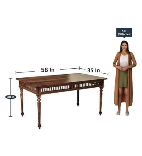 Image of BN Furniture Solid Sheesham Wood 6 Seater Dining Table Set with Bench | 58x35 Inch Rectangular Dining Table | Dark Brown Finish | 4 Chairs with Cushion | Traditional Wooden Dining Furniture
