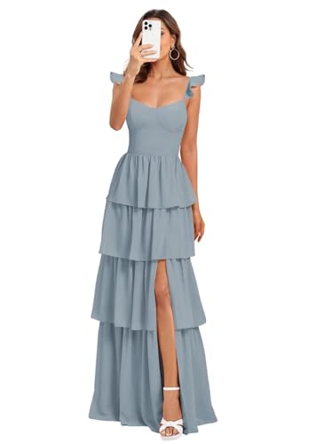 Dessiny Long Chiffon Spaghetti Straps Ruched Bridesmaid Dress Long for