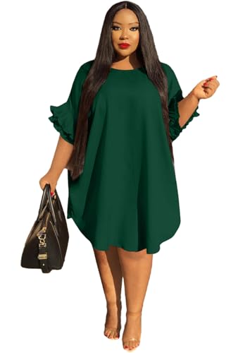 Image of Ekaliy Women's Casual Vintage Ruffle Sleeve Loose Party Midi Plus Size Dress Casual Summer
