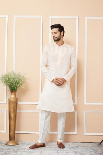 Image of See Designs Men's Long Sleeve Mandarin Collar Side Slit Off-White Embroidered Chanderi Silk Straight Kurta