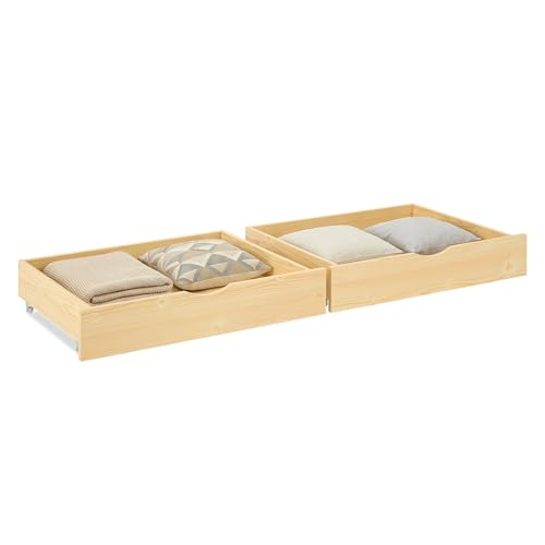 Homestyle4u Bettkasten 2er Set Aufbewahrung mit Rollen, Bett Schublade Bettauszug Natur