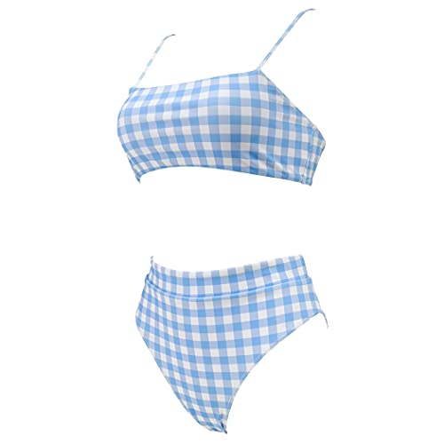MOSHENGQI Women Bandeau High Waisted Bikini Push Up High Cut Swimsuits (M, Blue Gingham) - Image 3