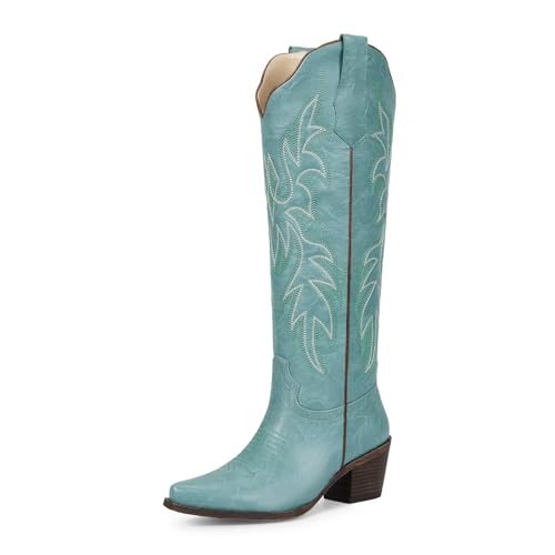 wetkiss Embroidered Knee High Cowgirl Boots Women Turquoise Blue Size 8