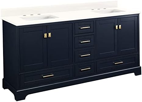 Signature Hardware 483506 Quen 72" Free Standing Double Basin Vanity Set with Cabinet, Vanity Top, and Undermount Sink - 3 Faucet Holes - Midnight Navy Blue/Arctic White Quartz
