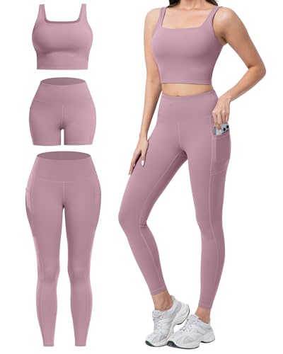 SALSPOR 3 Piece Workout Sets for Women High Waisted Leggings with Pockets Tummy Control Biker Shorts Yoga Sports Bra(3YFTZ-Lilac Pink-M)
