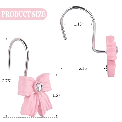 Shower Curtain Hooks, Pink 12 Pack for Bathroom Decor | Decorative Bowknot Design, Rustproof Metal Alloy, Resin Accents, Fits 0.8-1.1 Inch Rods, Heavy Duty, Easy Glide Rings - image 4