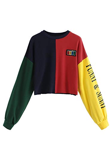 SweatyRocks Women's Letter Print Color Block Crop Sweatshirt Long Sleeve Pullover Tops Multi Small