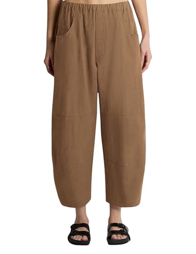 Lviefent Womens Wide Leg Barrel Pants Casual Elastic Waist Cotton Linen Ankle Length Trouser with Pockets (Brown-M)