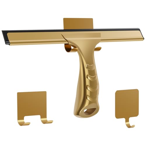 ZJRDYYK All-Purpose Shower Squeegee, 10 Inch Bathroom Glass Cleaner Tool with 2 Adhesive Hook, Stainless Steel Shower Squeegee for Shower Glass Door, Window, Tile Wall, Car (Gold)